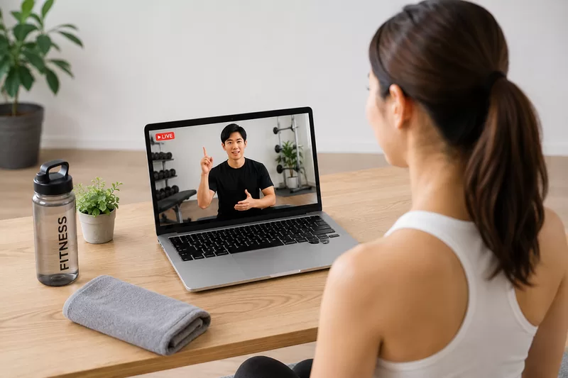 ノートPCの前でトレーナーの指導を受ける女性